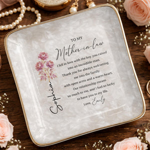 To My Mother In Law I Fell In Love Birth Month Flowers - Personalized Custom Jewelry Dish, Ceramic Dish, Square Shape - MOLA011_SCRF