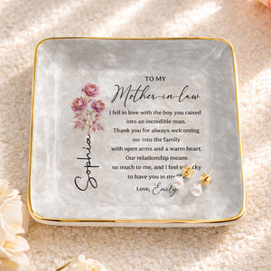 To My Mother In Law I Fell In Love Birth Month Flowers - Personalized Custom Jewelry Dish, Ceramic Dish, Square Shape - MOLA011_SCRF
