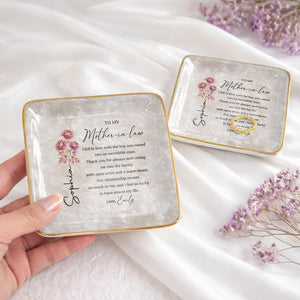 To My Mother In Law I Fell In Love Birth Month Flowers - Personalized Custom Jewelry Dish, Ceramic Dish, Square Shape - MOLA011_SCRF