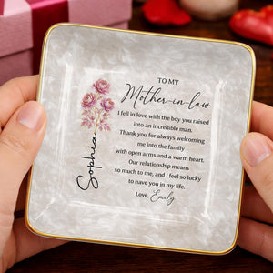 To My Mother In Law I Fell In Love Birth Month Flowers - Personalized Custom Jewelry Dish, Ceramic Dish, Square Shape - MOLA011_SCRF