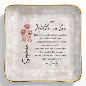 To My Mother In Law I Fell In Love Birth Month Flowers - Personalized Custom Jewelry Dish, Ceramic Dish, Square Shape - MOLA011_SCRF