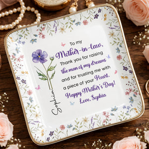 To My Mother In Law Thank You Birth Month Flowers Ceramic Dish - Personalized Custom Jewelry Dish, Ceramic Dish, Square Shape - MOLA017_SCRF