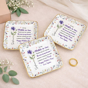To My Mother In Law Thank You Birth Month Flowers Ceramic Dish - Personalized Custom Jewelry Dish, Ceramic Dish, Square Shape - MOLA017_SCRF