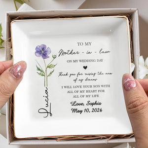 To My Mother In Law On My Wedding Day Flower Heart - Personalized Custom Jewelry Dish, Square Ceramic Dish - MOLA018_SCRD