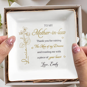 To My Mother In Law Thank You Birth Month Flower - Personalized Custom Jewelry Dish, Square Ceramic Dish - MOLA019_SCRD