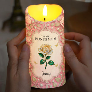 To My Bonus Mom, Thank You For Your Love, Flower And Butterflies Design - Personalized Custom LED Candle - MOM134_LECA