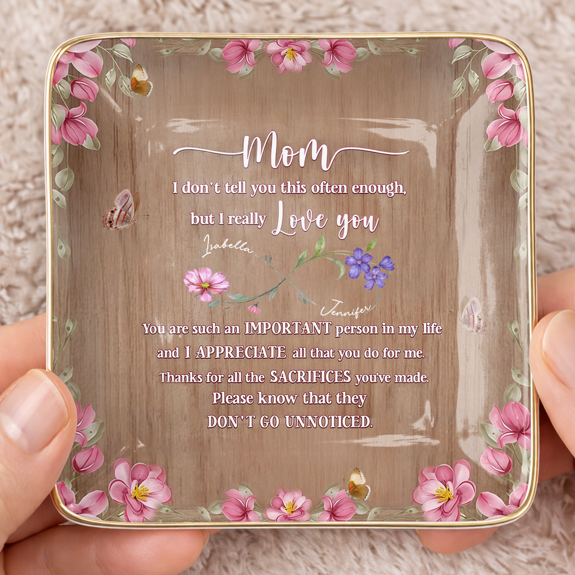 I Really Love You, Flowers and Butterfly - Personalized Custom Jewelry Dish, Ceramic Dish, Square Shape - MOM150_SCRF