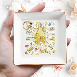 Our Family Bond, Holding Hands With Flowers - Personalized Custom Jewelry Dish, Square Ceramic Dish - MOM166_SCRD