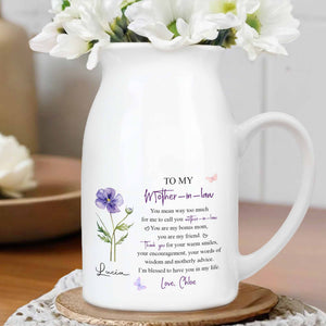 To My Mother In Law Bonus Mom Message With Purple Flower And Butterflies - Personalized Ceramic Flower Vase
