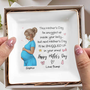 This Mother's Day I'm Snuggled Up Inside Your Belly Pregnant Woman - Personalized Custom Jewelry Dish, Square Ceramic Dish - MOM259_SCRD