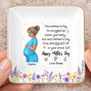 This Mother's Day I'm Snuggled Up Pregnant Woman and Flowers - Personalized Custom Jewelry Dish, Ceramic Dish, Square Shape - MOM259_SCRF