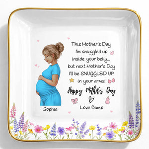 This Mother's Day I'm Snuggled Up Pregnant Woman and Flowers - Personalized Custom Jewelry Dish, Ceramic Dish, Square Shape - MOM259_SCRF