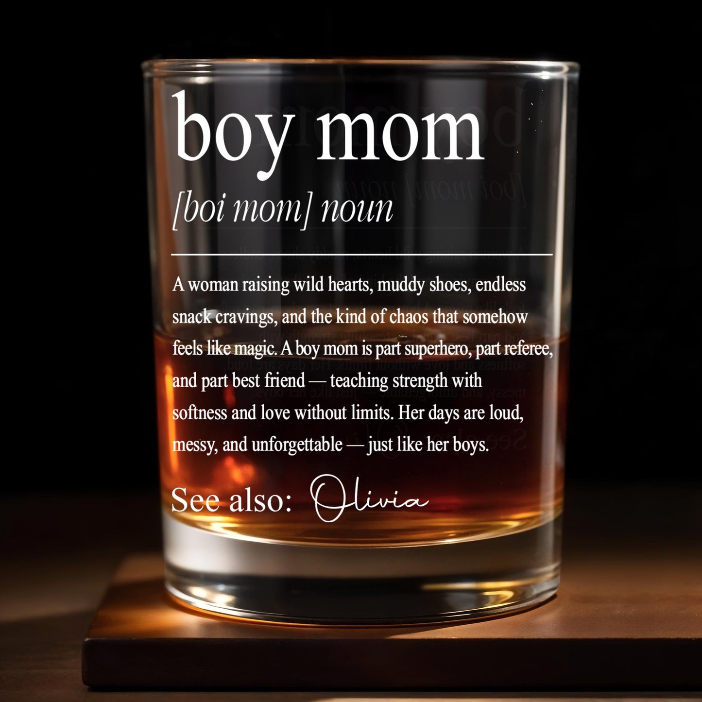 Boy Mom Definition Raising Wild Hearts And Muddy Shoes Typography Design - Personalized Custom Whiskey Glass - MOM295_RWG