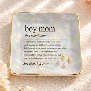Boy Mom Noun Dictionary Definition Iridescent Marble Design - Personalized Custom Jewelry Dish, Ceramic Dish, Square Shape - MOM295_SCRF