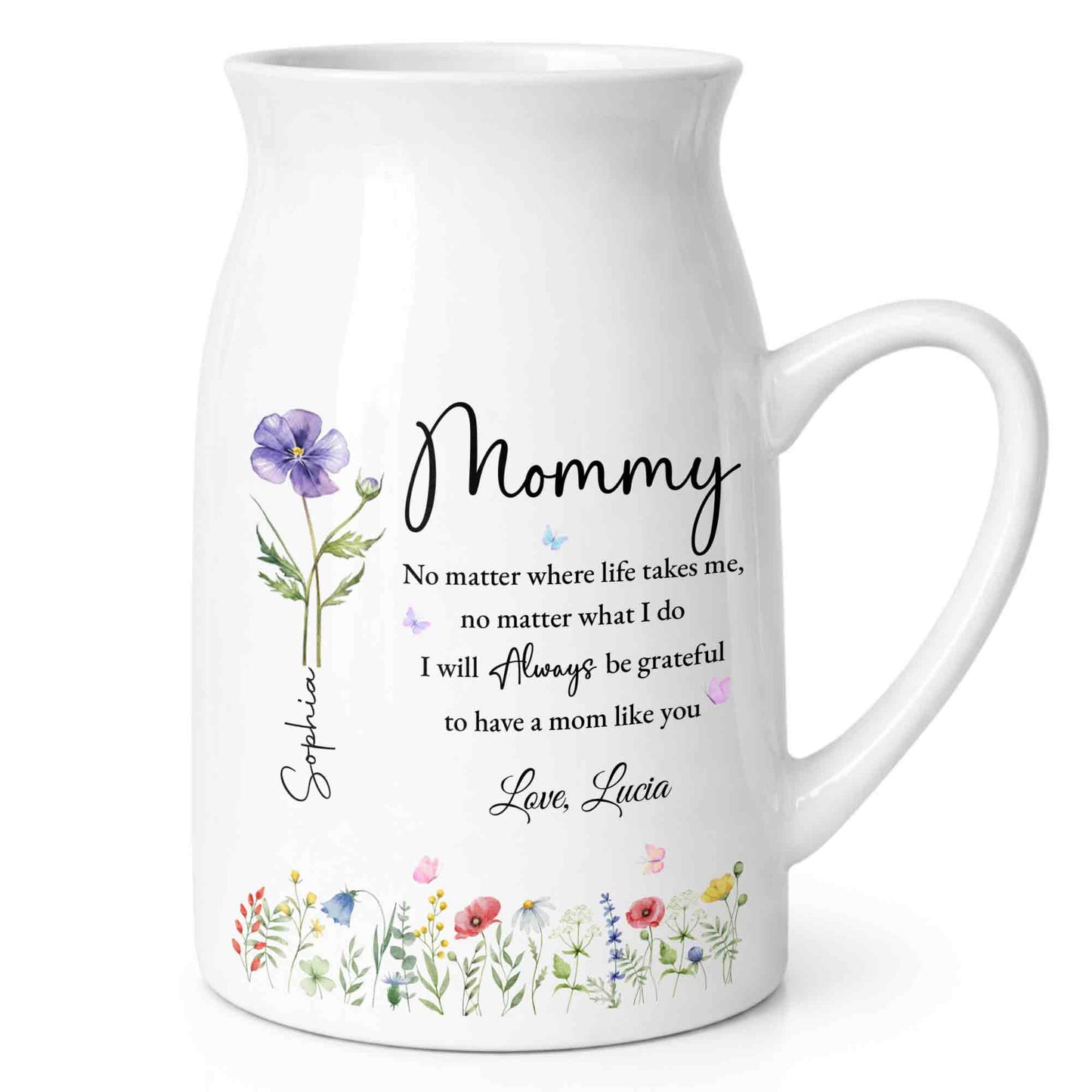 No Matter Where Life Takes Me Grateful For Mom With Birth Month Flowers - Personalized Ceramic Flower Vase