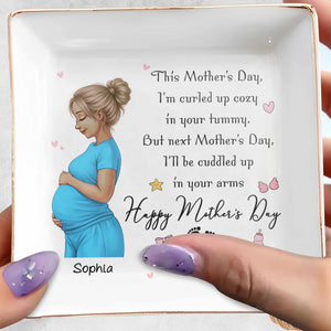 Curled Up Cozy In Your Tummy Happy Mother's Day Pregnant Woman - Personalized Custom Jewelry Dish, Square Ceramic Dish - MOM322_SCRD