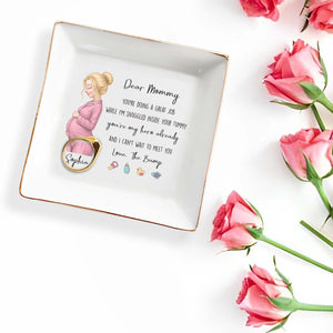 Dear Mommy You're My Hero Already With Pregnant Woman And Baby Icons - Personalized Custom Jewelry Dish, Square Ceramic Dish - MOM337_SCRD