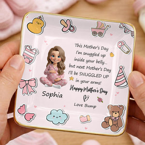 This Mother's Day Snuggled Up In Your Belly Pregnant Woman Baby Icons - Personalized Custom Jewelry Dish, Ceramic Dish, Square Shape - MOM339_SCRF