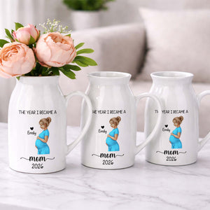 The Year I Became A Mom With Pregnant Woman Art - Personalized Ceramic Flower Vase