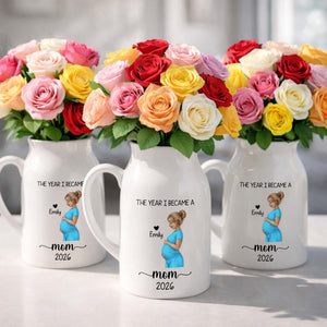 The Year I Became A Mom With Pregnant Woman Art - Personalized Ceramic Flower Vase