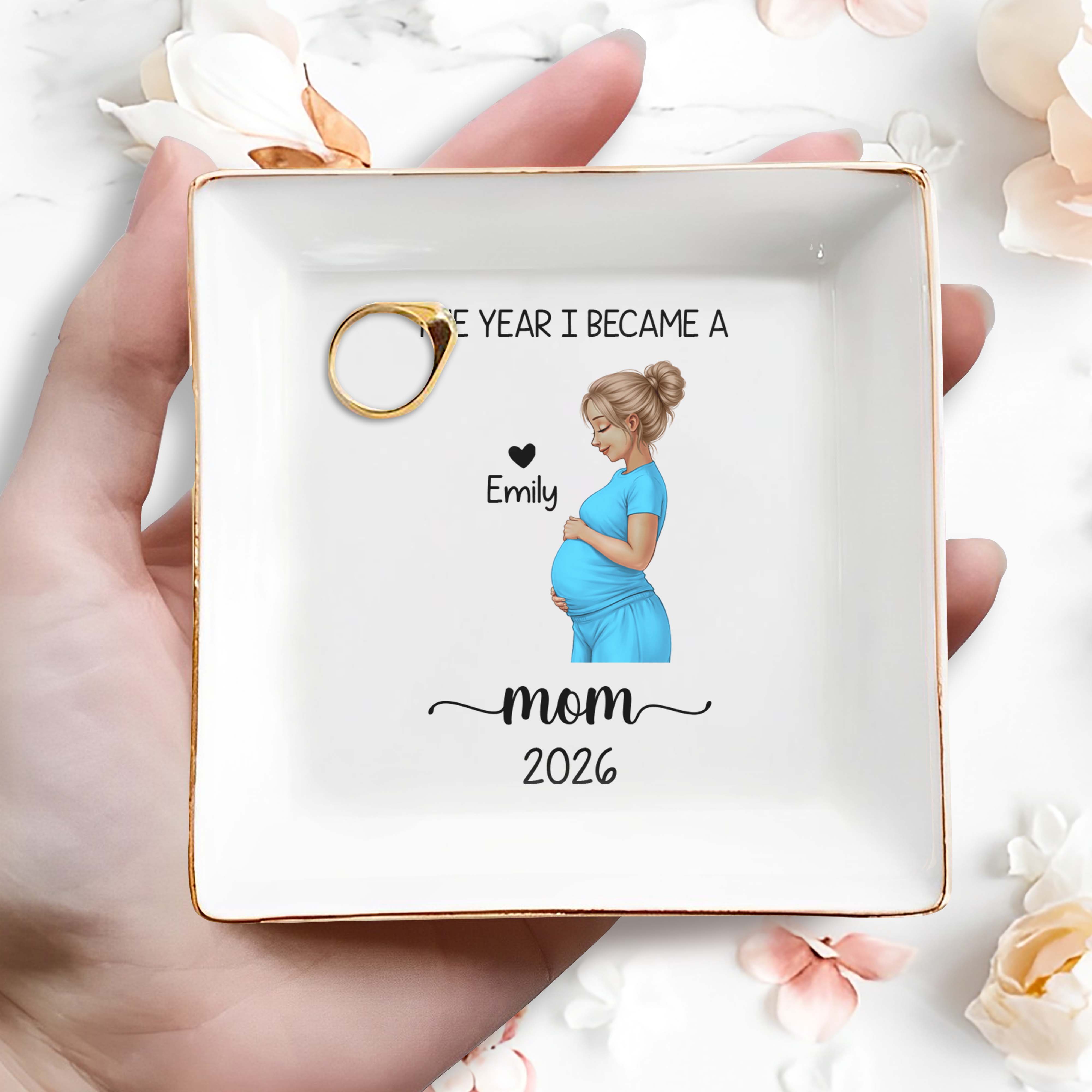 The Year I Became A Mom With Pregnant Woman Art - Personalized Custom Jewelry Dish, Square Ceramic Dish - MOM340_SCRD