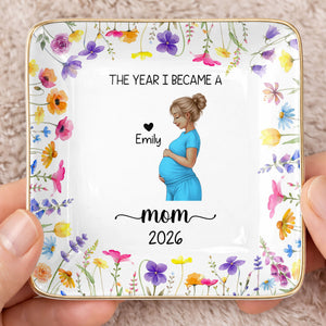 The Year I Became A Mom With Birth Flowers - Personalized Custom Jewelry Dish, Ceramic Dish, Square Shape - MOM340_SCRF