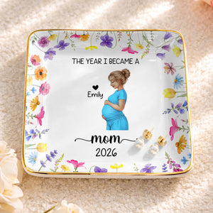 The Year I Became A Mom With Birth Flowers - Personalized Custom Jewelry Dish, Ceramic Dish, Square Shape - MOM340_SCRF