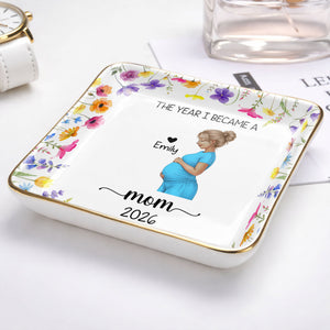 The Year I Became A Mom With Birth Flowers - Personalized Custom Jewelry Dish, Ceramic Dish, Square Shape - MOM340_SCRF