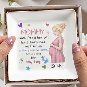 Mommy I Know I Am Not Here Yet Pregnant Woman Baby Bump - Personalized Custom Jewelry Dish, Square Ceramic Dish - MOM344_SCRD