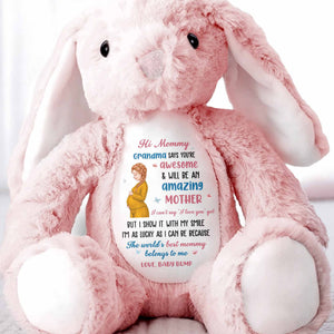 Hi Mommy Grandma Says You Are Awesome Pregnant Woman And Butterflies - Personalized Stuffed Bunny - MOM373_BUN