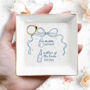 Mom Mother Of The Bride With Bow And Champagne Bottle - Personalized Custom Jewelry Dish, Square Ceramic Dish - MOM403_SCRD