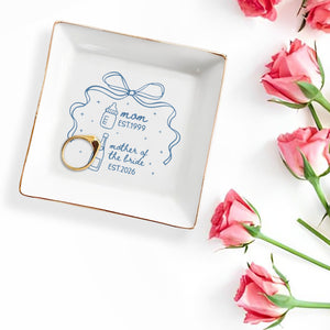 Mom Mother Of The Bride With Bow And Champagne Bottle - Personalized Custom Jewelry Dish, Square Ceramic Dish - MOM403_SCRD