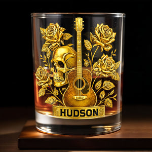 Rock On With This Golden Harmony Guitar Skull And Roses - Personalized Custom Whiskey Glass - MUSIC001_RWG