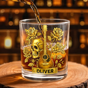 Rock On With This Golden Harmony Guitar Skull And Roses - Personalized Custom Whiskey Glass - MUSIC001_RWG