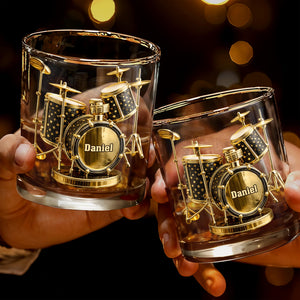 Rock To The Beat Of Your Own Drum Set Golden Musical Instrument - Personalized Custom Whiskey Glass - MUSIC011_RWG