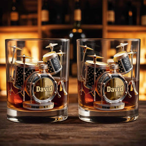 Drummer Music Lover Custom Name With Drum Set Design - Personalized Custom Whiskey Glass - MUSIC054_RWG