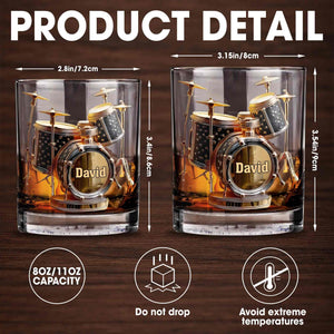 Drummer Music Lover Custom Name With Drum Set Design - Personalized Custom Whiskey Glass - MUSIC054_RWG