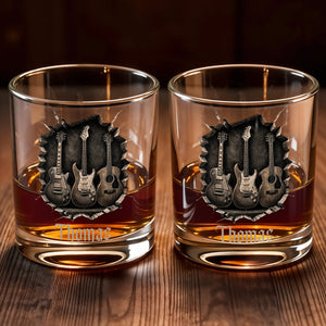 Rock On With Your Favorite Guitars Featuring Three 3D Guitars - Personalized Custom Whiskey Glass - MUSIC097_RWG