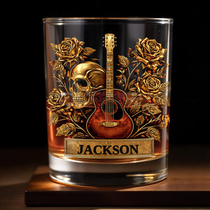 A Soulful Melody Guitar Skull And Golden Roses Gothic Music Theme - Personalized Custom Whiskey Glass - MUSIC128_RWG