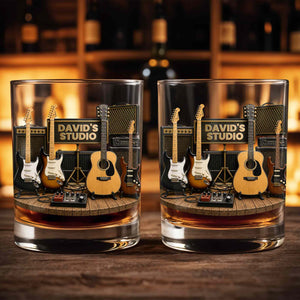 Studio With Guitars And Amplifiers Custom 3D Effect Design - Personalized Custom Whiskey Glass - MUSIC152_RWG