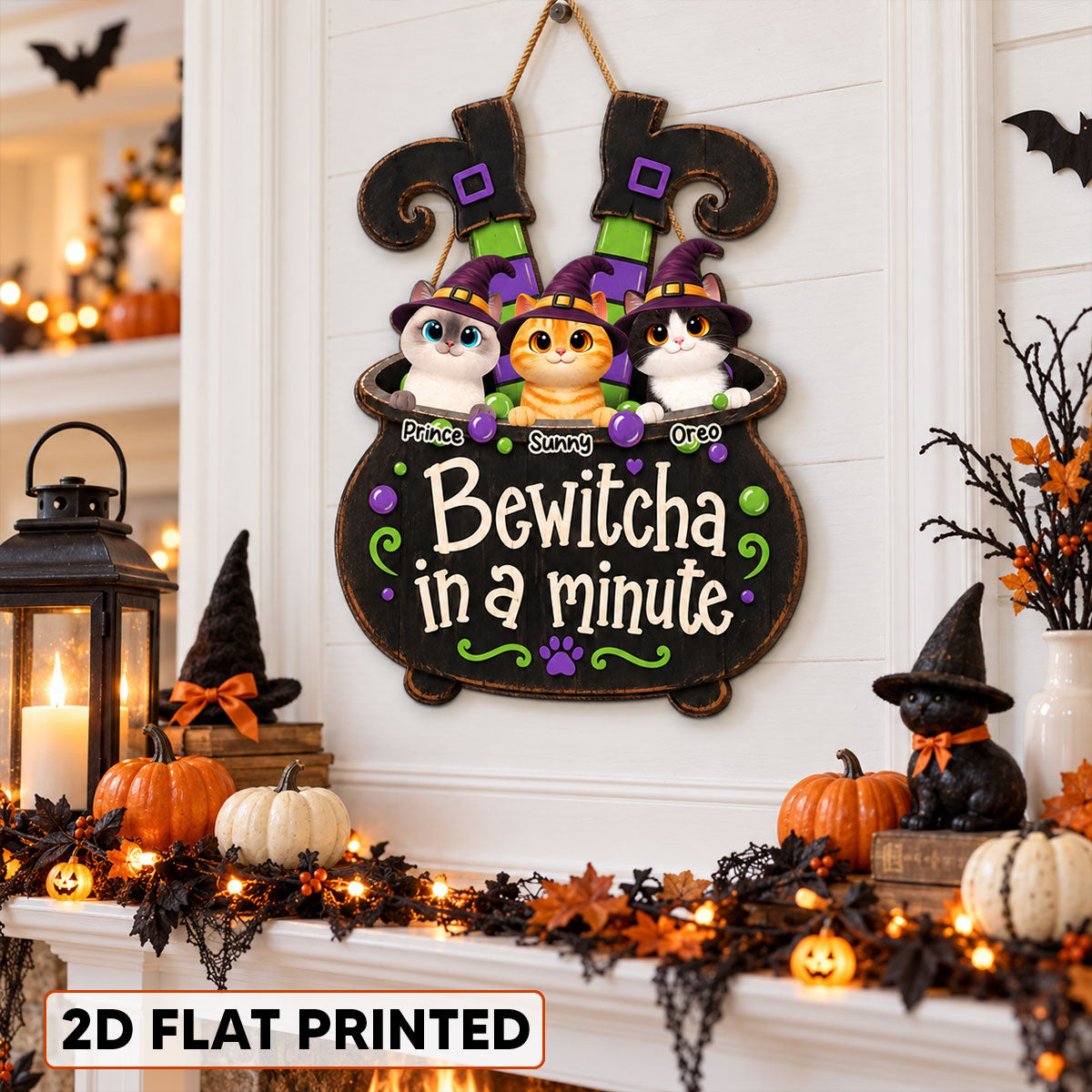 Halloween Witch Cauldron Cute Cats Bewitcha In A Minute - Personalized Wood Sign