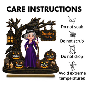 Grandma Witch With Grandkids Jack-O’-Lanterns - Personalized Wooden Plaque - Spooky Halloween Gift For Grandma