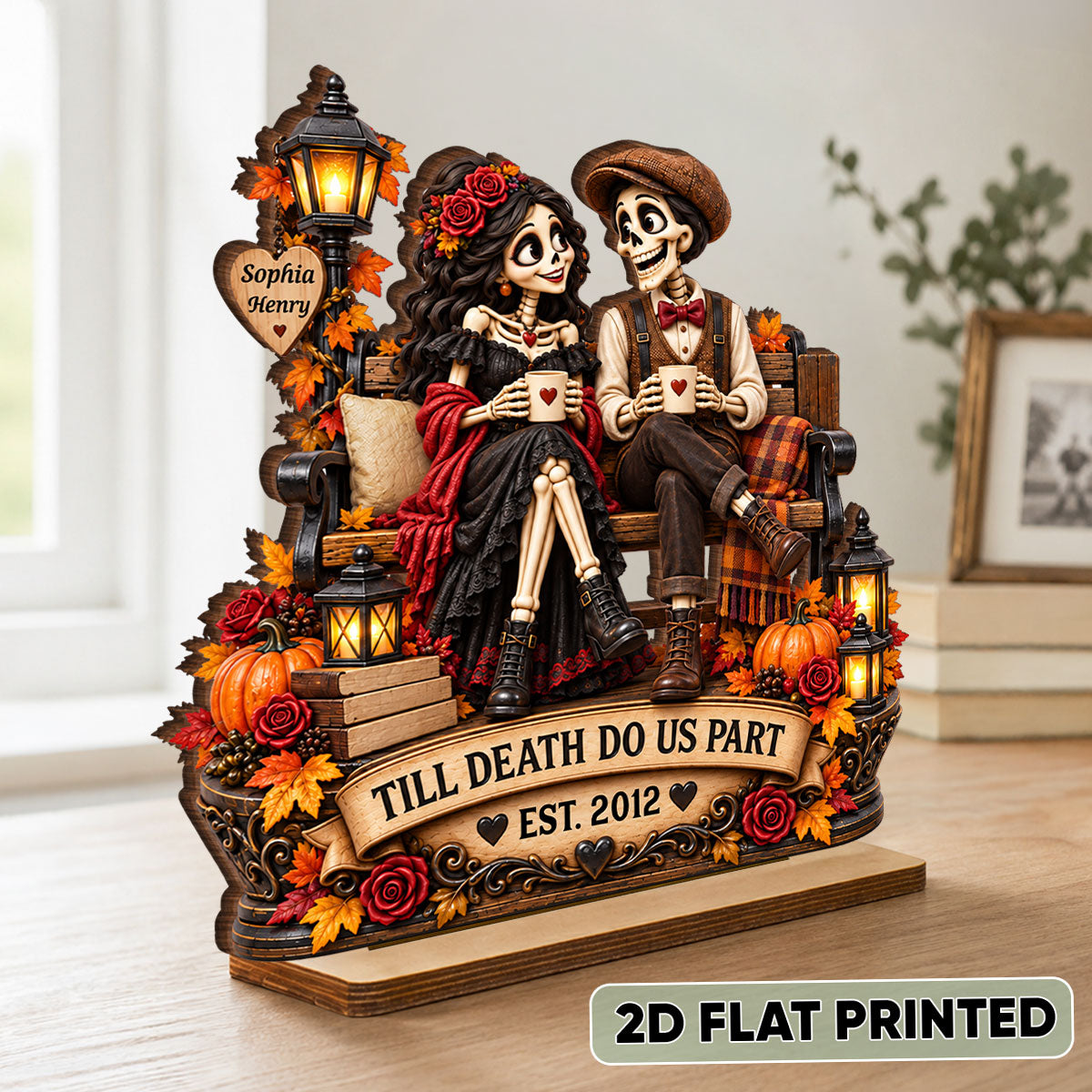Till Death Do Us Part Fall Halloween Skeleton Couple - Personalized 2-Layered Wooden Plaque