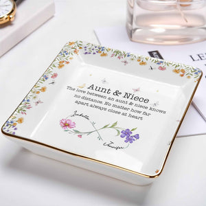 Love Between Aunt & Niece, Flowers And Butterflies - Personalized Custom Jewelry Dish, Ceramic Dish, Square Shape - NCE003_SCRF