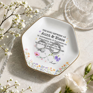 The Bond Between An Aunt And Niece With Birth Month Flowers - Personalized Custom Jewelry Dish, Ceramic Dish, Hexagonal Shape - NCE022_HECRD
