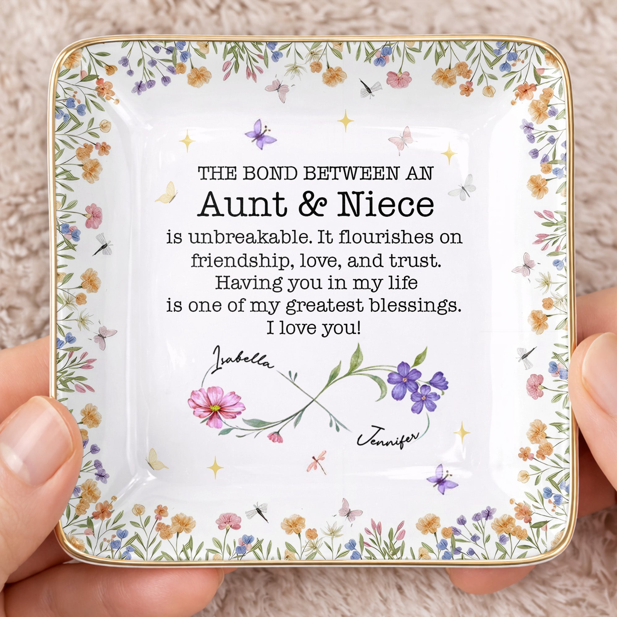 The Bond Between An Aunt & Niece, Flowers And Butterflies - Personalized Custom Jewelry Dish, Ceramic Dish, Square Shape - NCE022_SCRF