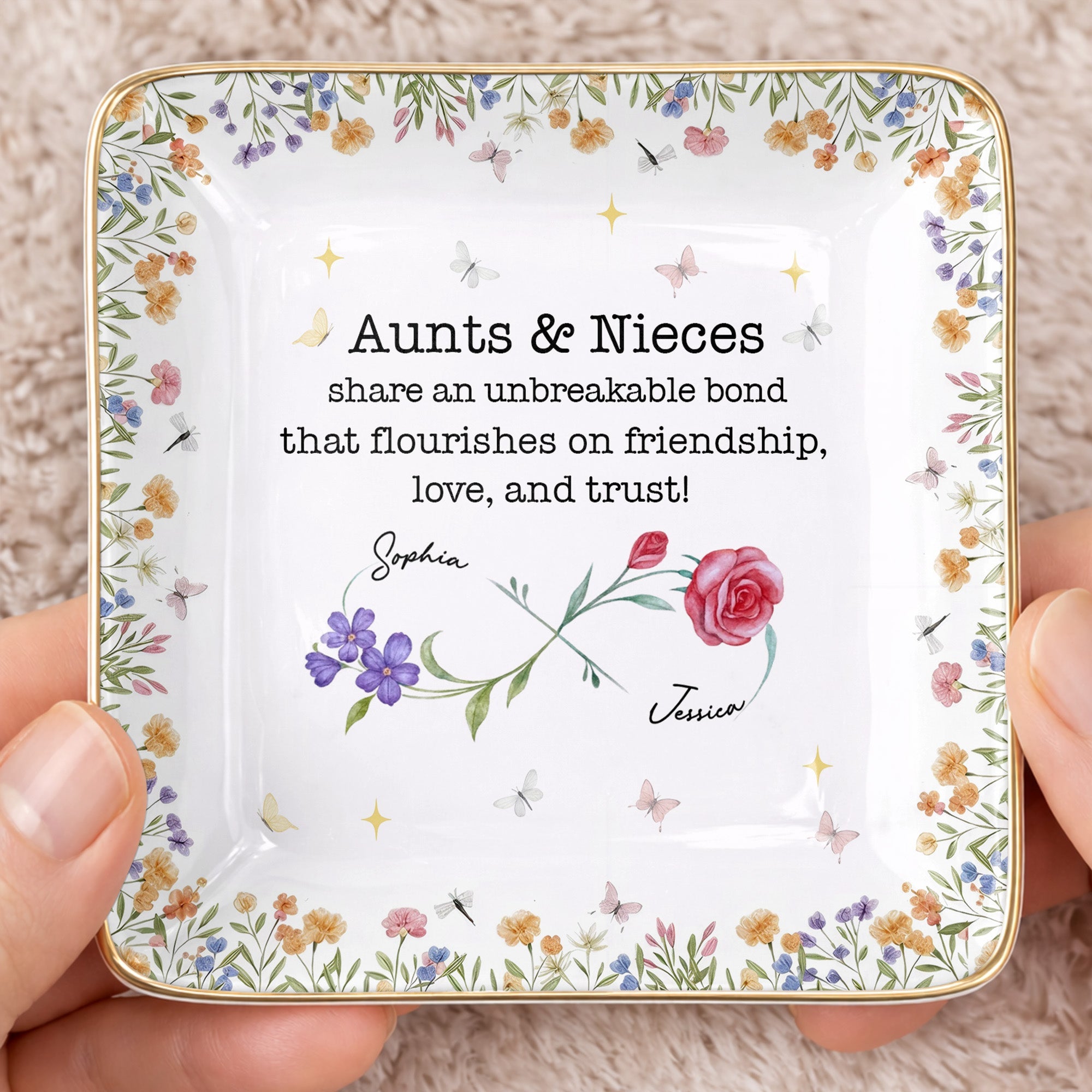 Aunts & Nieces Share An Unbreakable Bond, Flowers And Butterflies - Personalized Custom Jewelry Dish, Ceramic Dish, Square Shape - NCE023_SCRF