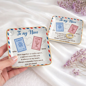 To My Niece, Postal Stamps And Hearts Design - Personalized Custom Jewelry Dish, Ceramic Dish, Square Shape - NCE028_SCRF
