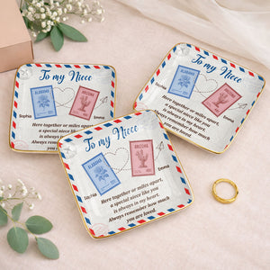 To My Niece, Postal Stamps And Hearts Design - Personalized Custom Jewelry Dish, Ceramic Dish, Square Shape - NCE028_SCRF
