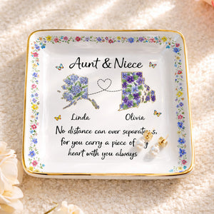 Aunt & Niece No Distance Can Ever Separate Us Floral State Map - Personalized Custom Jewelry Dish, Ceramic Dish, Square Shape - NCE030_SCRF